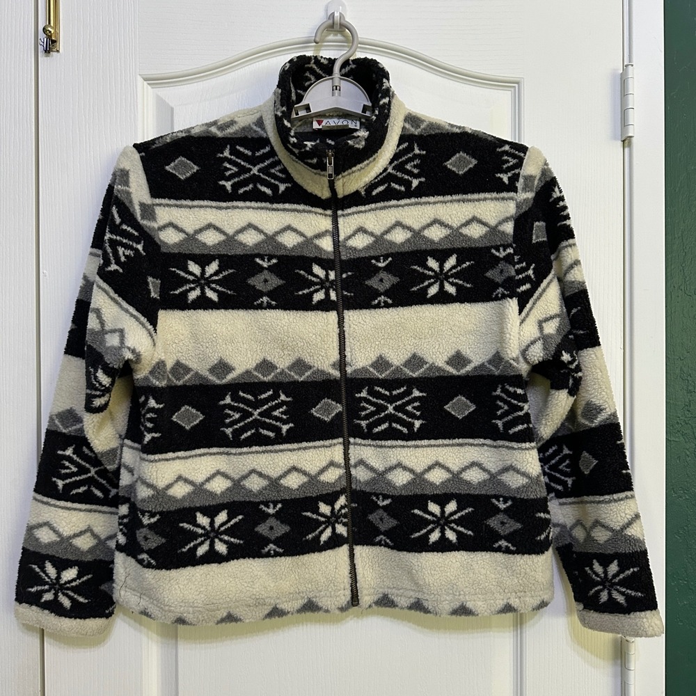 Vintage Lavon Nordic Fair Isle Zip Up Fleece Jacket L Black White Cozy Gorpcore